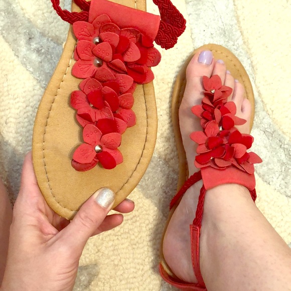 Shoes - 5 for $14 - Adorable Red Flower Sandals